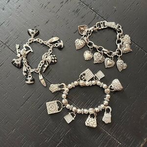 Bundle of 3 Silver Tone Girly Heart Heals Bag Purse Charm Bracelet Bracelets